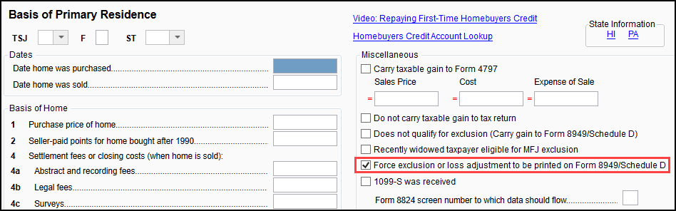 Image of "Force exclusion" check box on federal screen HOME